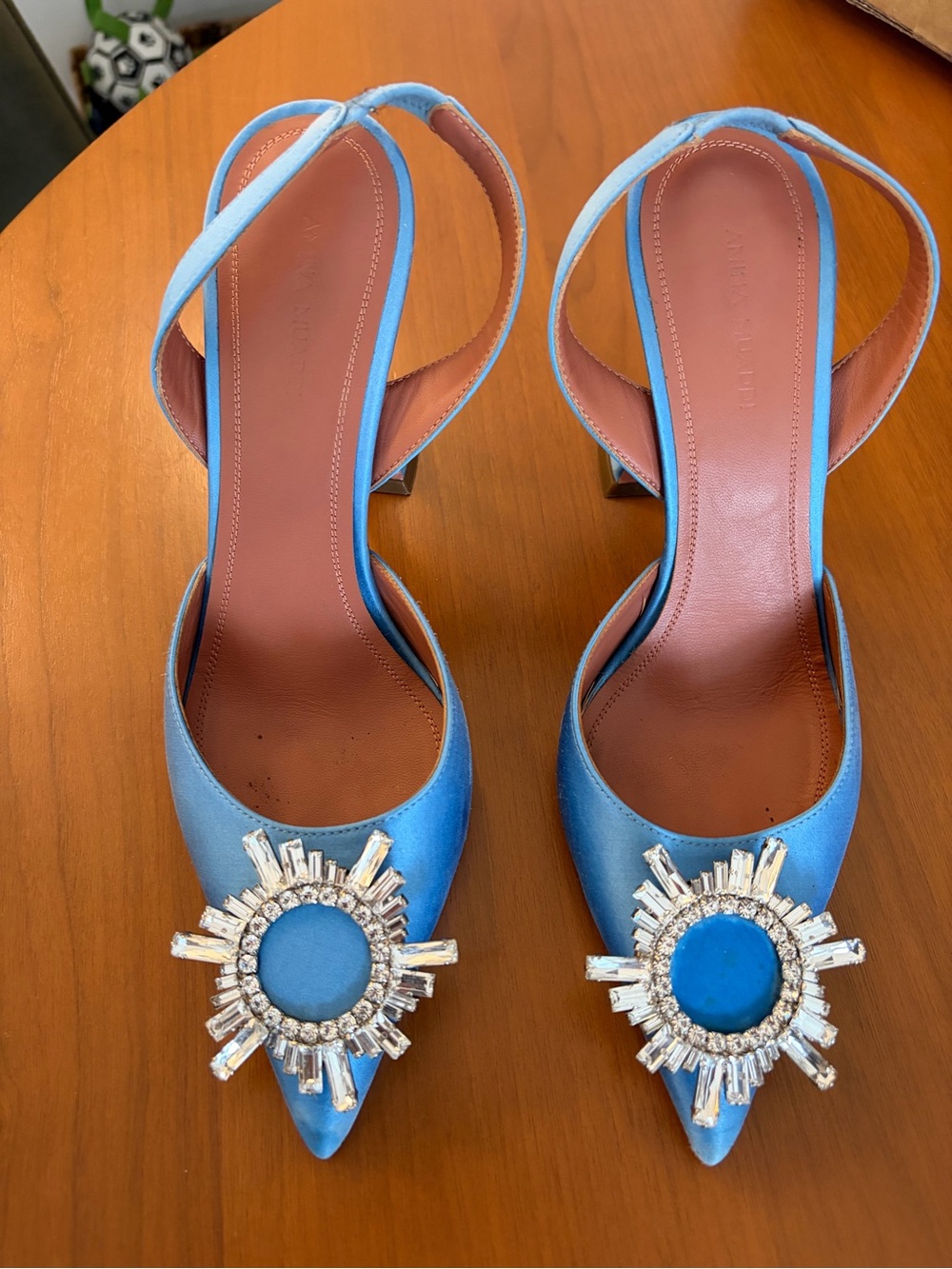 Amina Muaddi Begum Satin Sling Heel in Baby Blue Color